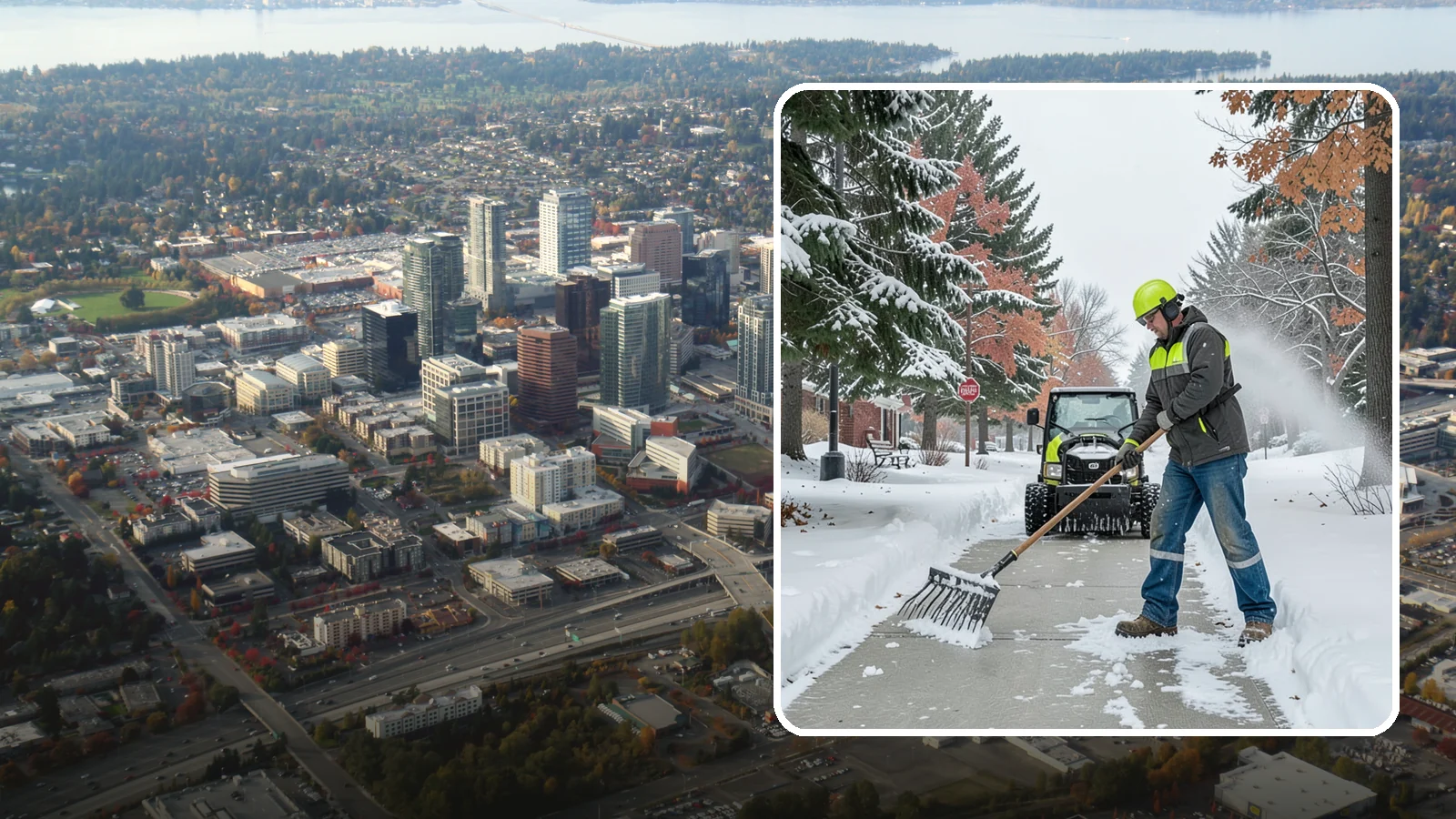 Sidewalk Shoveling in Bellevue, King County, WA - We hand-shovel sidewalks clean and clear so pedestrians have safe, full-width passage.