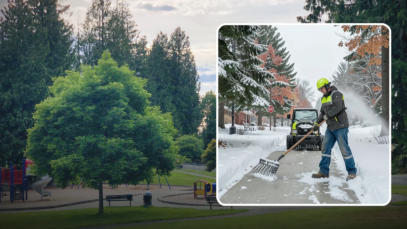 Sidewalk Shoveling in Bonney Lake, Pierce County, WA - We hand-shovel sidewalks clean and clear so pedestrians have safe, full-width passage.