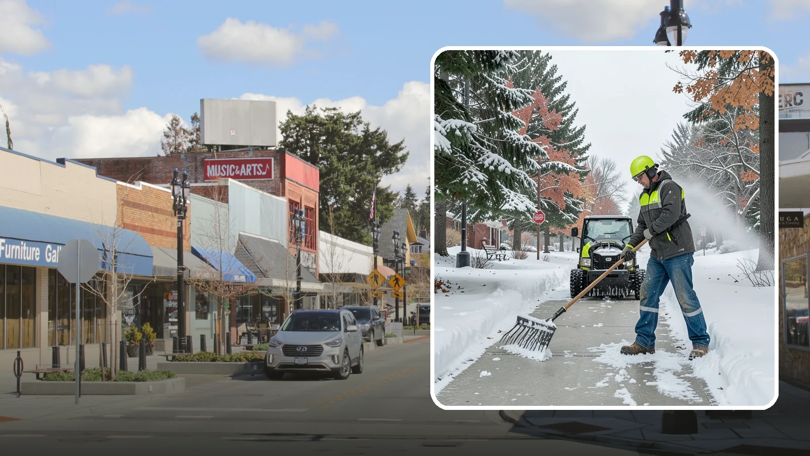 Sidewalk Shoveling in Bothell, King County, WA - We hand-shovel sidewalks clean and clear so pedestrians have safe, full-width passage.