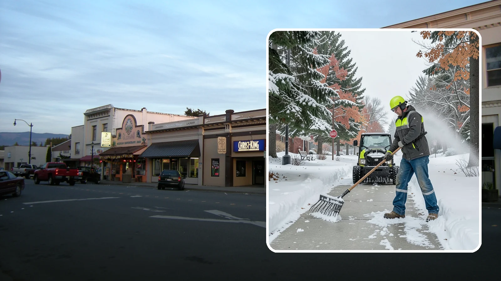 Sidewalk Shoveling in Burlington, Skagit County, WA - We hand-shovel sidewalks clean and clear so pedestrians have safe, full-width passage.