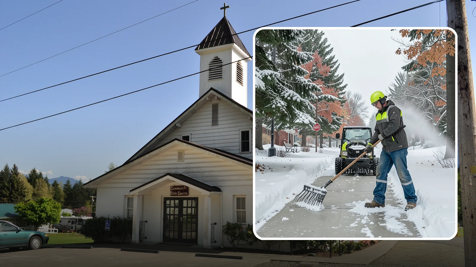 Sidewalk Shoveling in Concrete, Skagit County, WA - We hand-shovel sidewalks clean and clear so pedestrians have safe, full-width passage.
