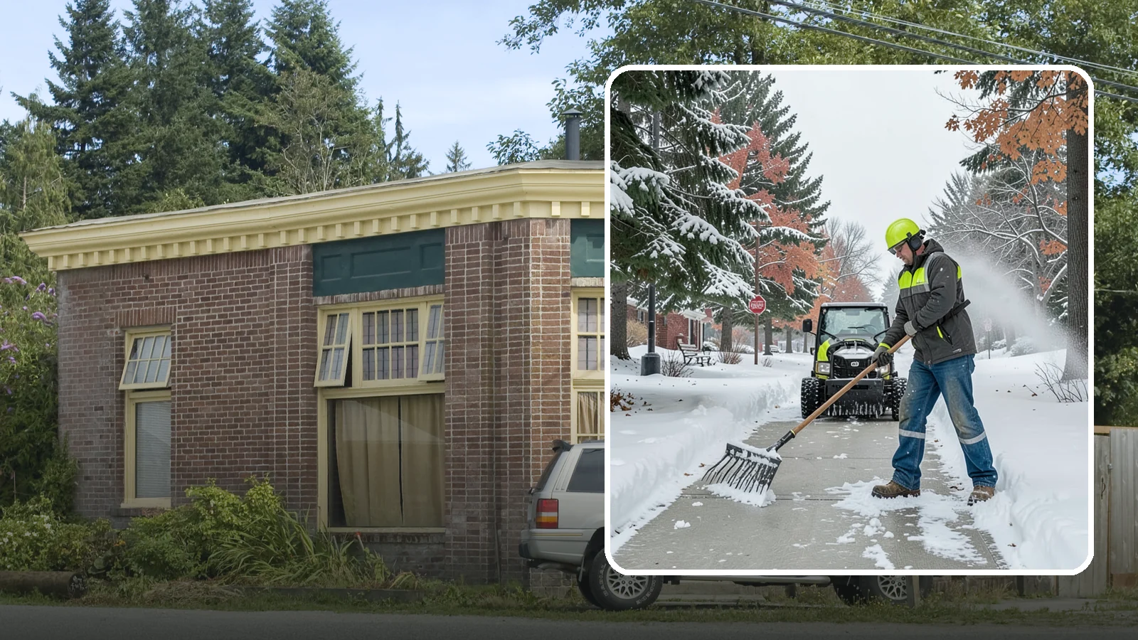 Sidewalk Shoveling in Hamilton, Skagit County, WA - We hand-shovel sidewalks clean and clear so pedestrians have safe, full-width passage.