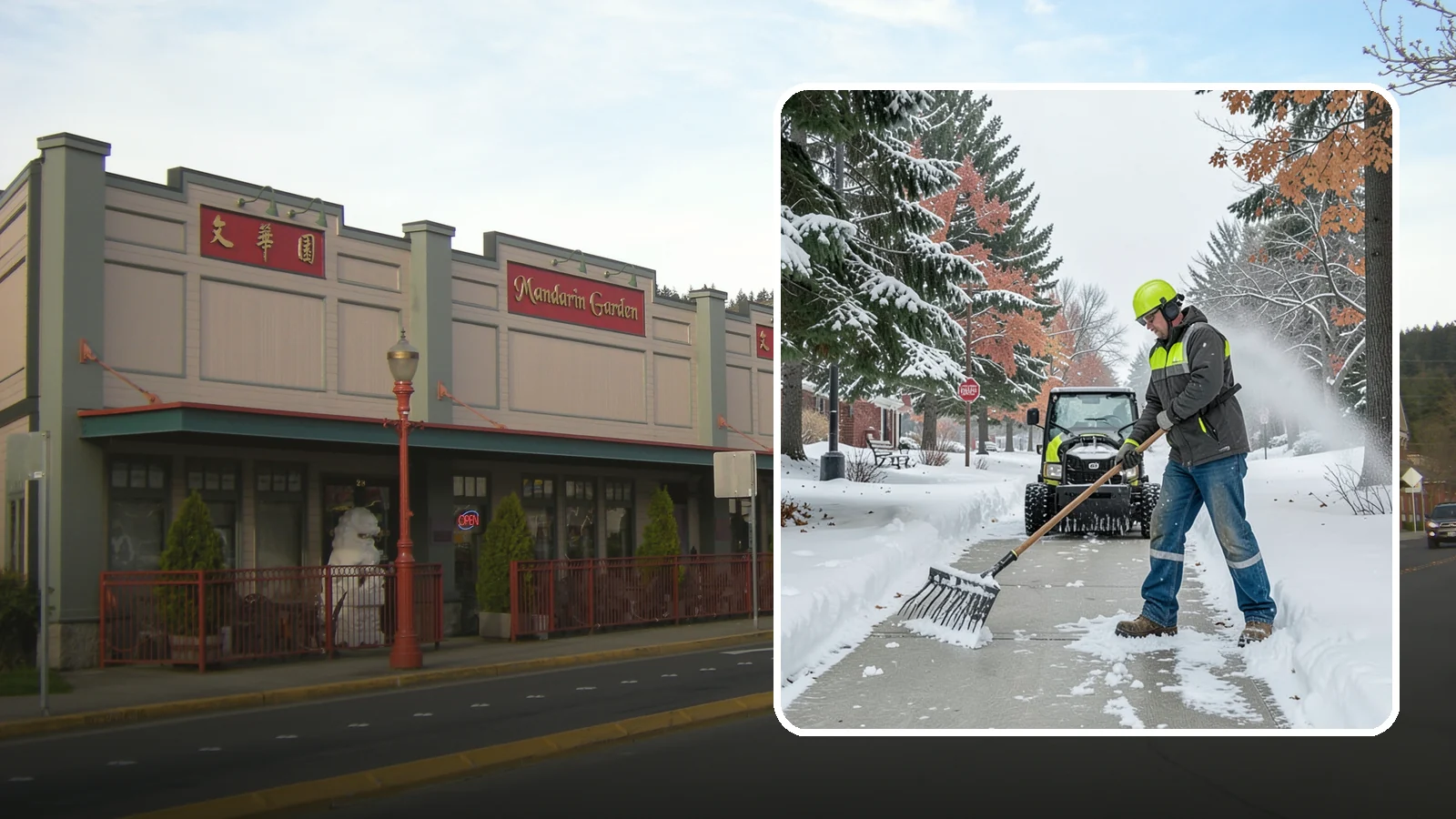 Sidewalk Shoveling in Issaquah, King County, WA - We hand-shovel sidewalks clean and clear so pedestrians have safe, full-width passage.