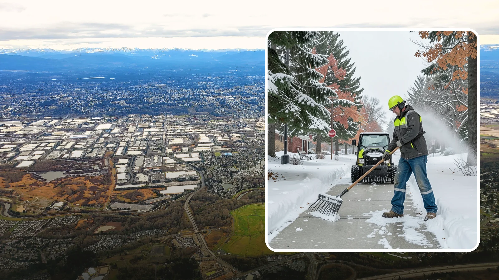 Sidewalk Shoveling in Kent, King County, WA - We hand-shovel sidewalks clean and clear so pedestrians have safe, full-width passage.