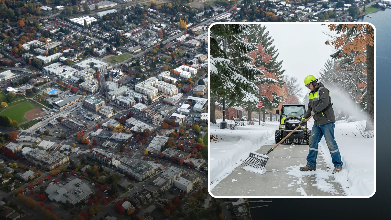 Sidewalk Shoveling in Kirkland, King County, WA - We hand-shovel sidewalks clean and clear so pedestrians have safe, full-width passage.