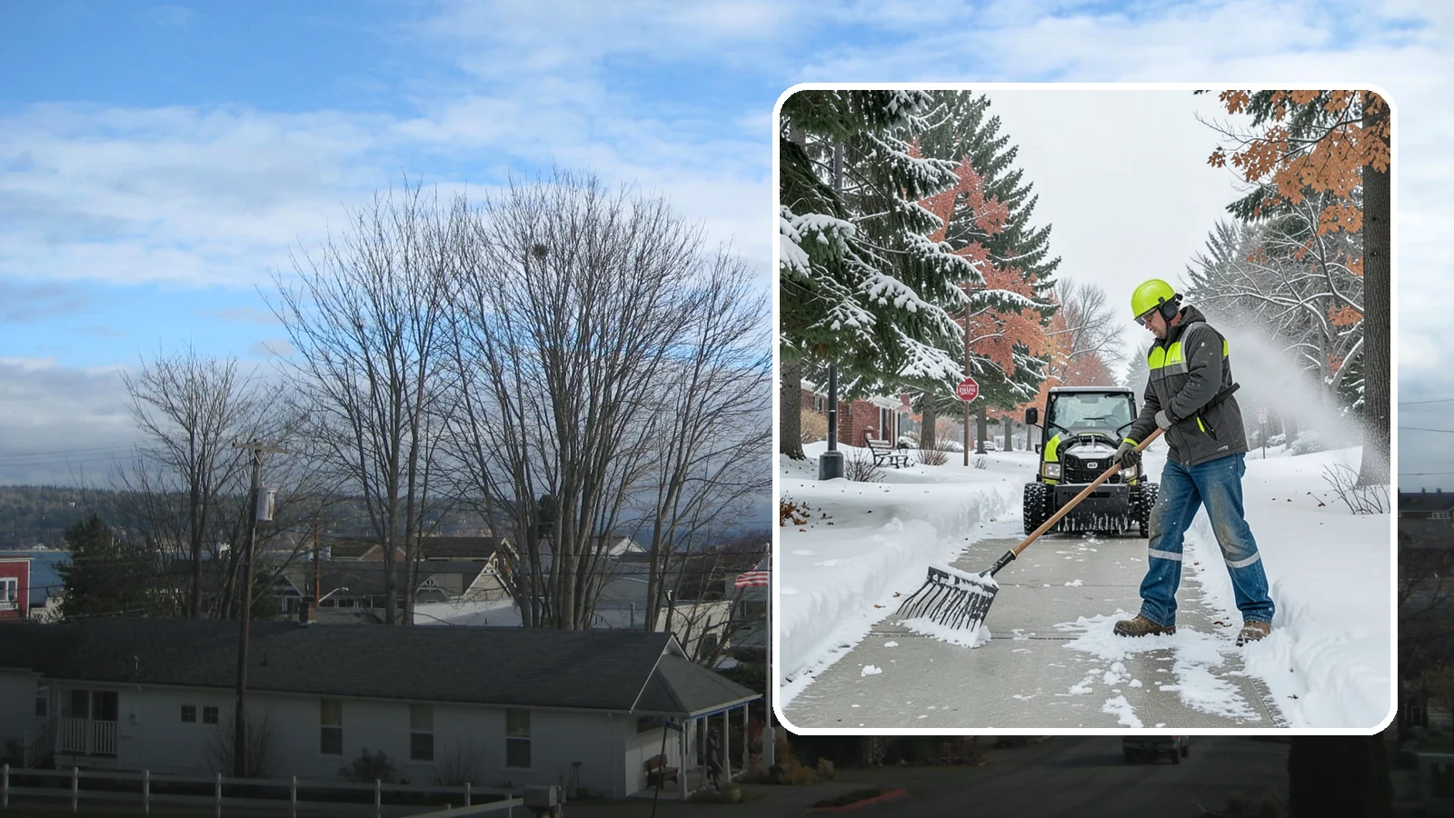 Sidewalk Shoveling in Langley, Island County, WA - We hand-shovel sidewalks clean and clear so pedestrians have safe, full-width passage.