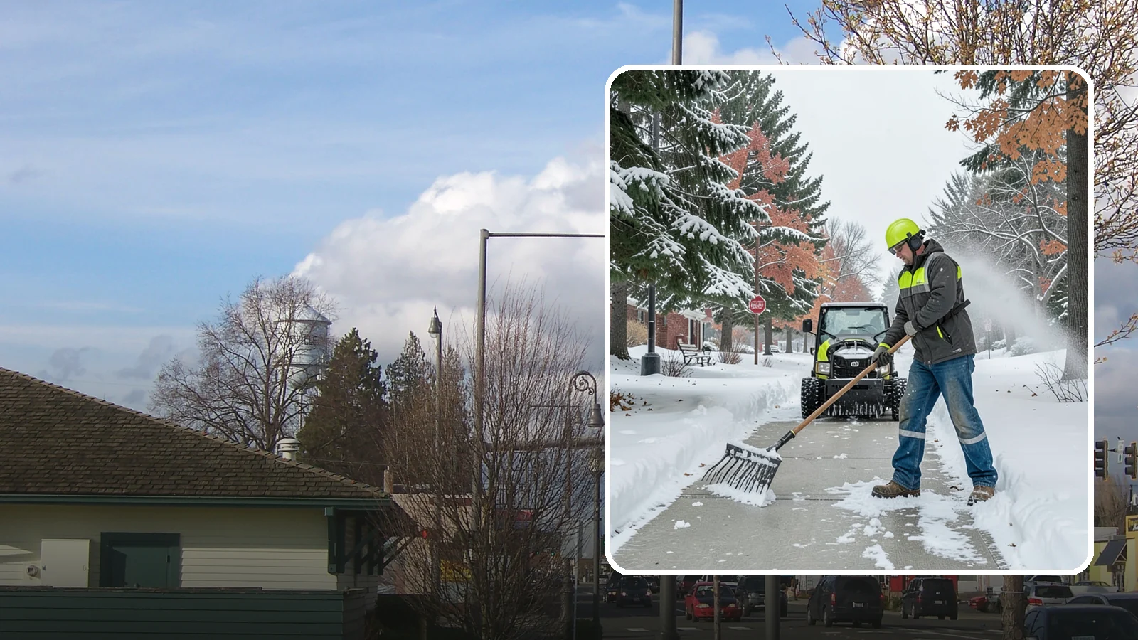 Sidewalk Shoveling in Marysville, Snohomish County, WA - We hand-shovel sidewalks clean and clear so pedestrians have safe, full-width passage.