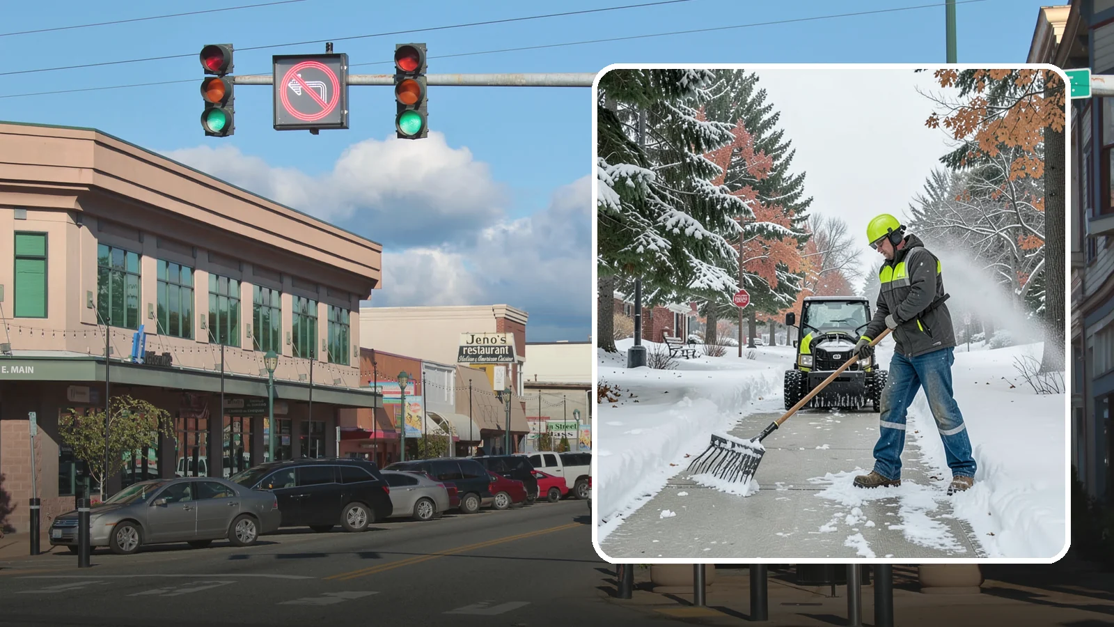 Sidewalk Shoveling in Monroe, Snohomish County, WA - We hand-shovel sidewalks clean and clear so pedestrians have safe, full-width passage.