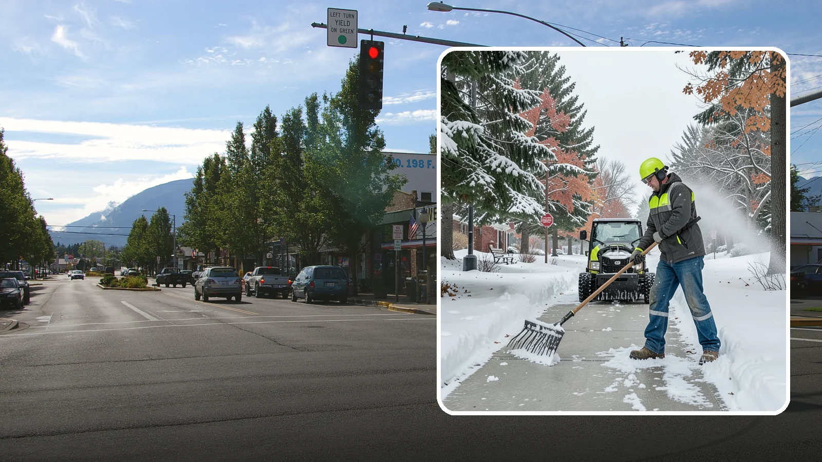 Sidewalk Shoveling in North Bend, King County, WA - We hand-shovel sidewalks clean and clear so pedestrians have safe, full-width passage.