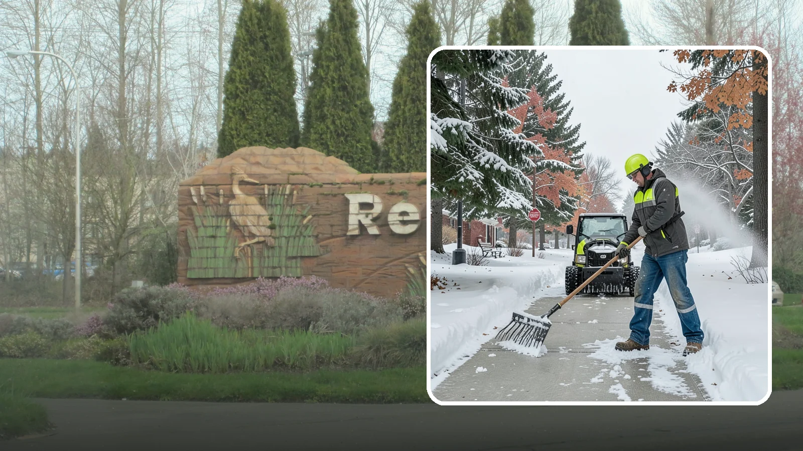 Sidewalk Shoveling in Renton, King County, WA - We hand-shovel sidewalks clean and clear so pedestrians have safe, full-width passage.