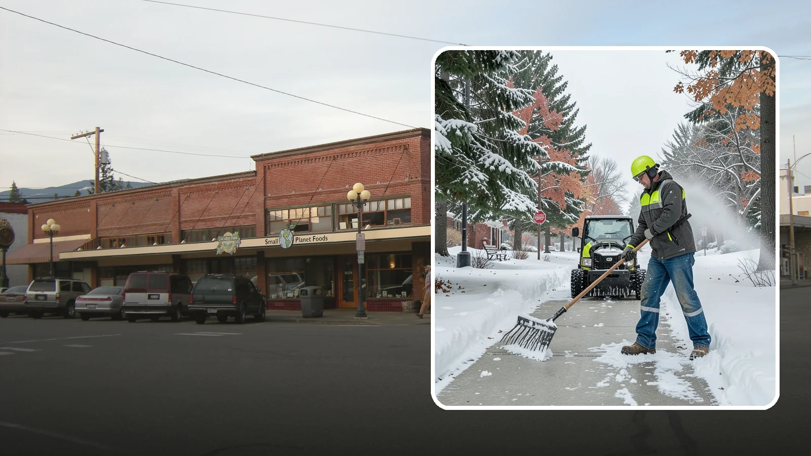 Sidewalk Shoveling in Sedro-Woolley, Skagit County, WA - We hand-shovel sidewalks clean and clear so pedestrians have safe, full-width passage.
