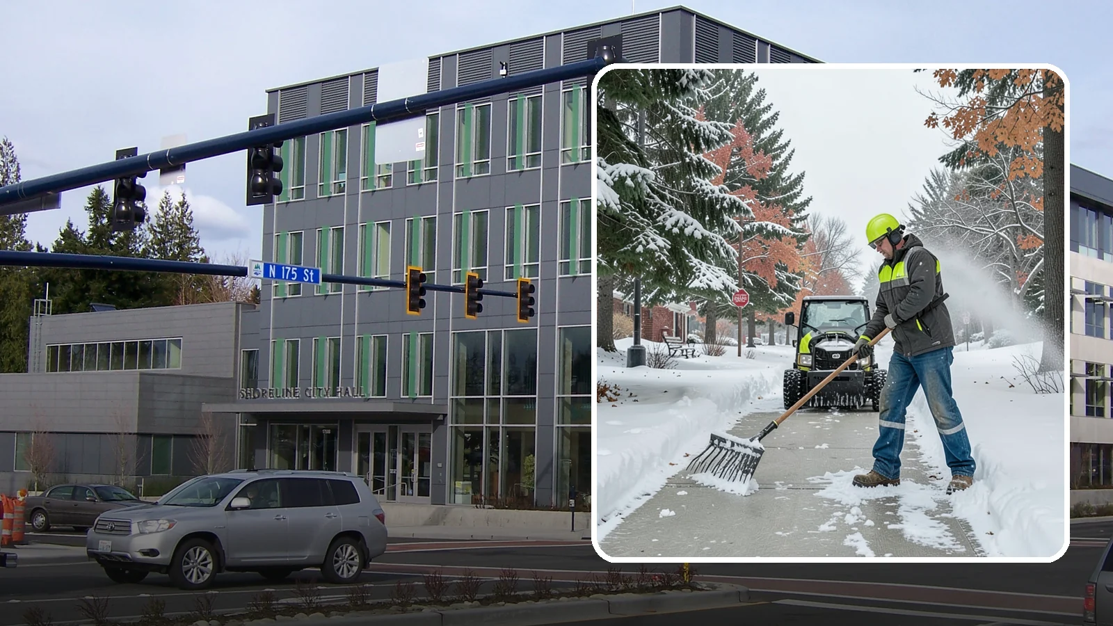 Sidewalk Shoveling in Shoreline, King County, WA - We hand-shovel sidewalks clean and clear so pedestrians have safe, full-width passage.