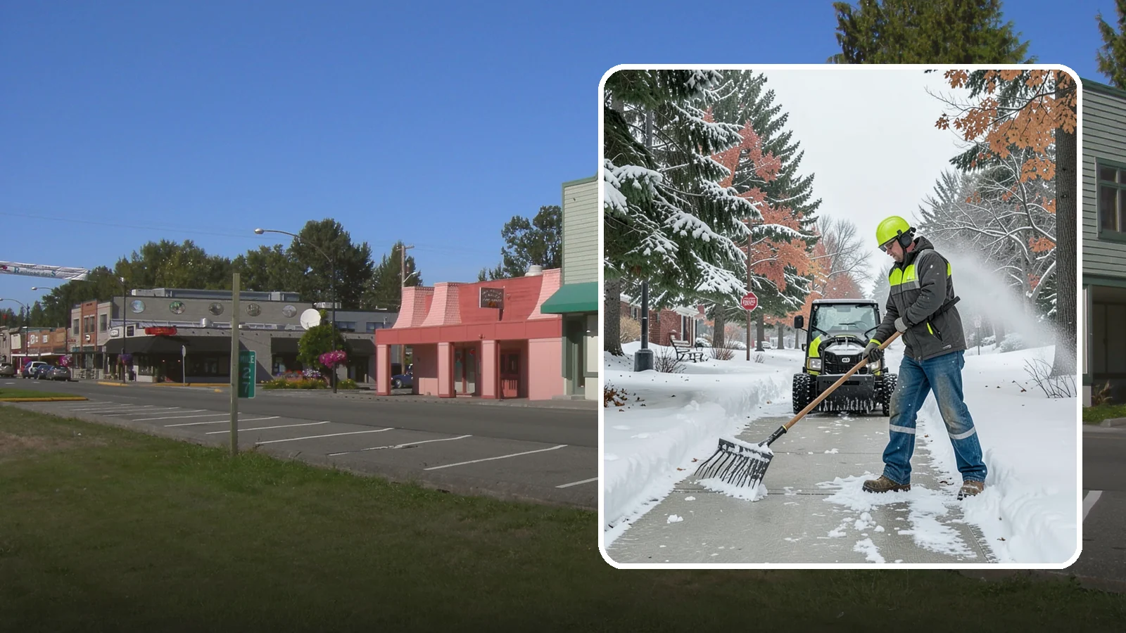 Sidewalk Shoveling in Snoqualmie, King County, WA - We hand-shovel sidewalks clean and clear so pedestrians have safe, full-width passage.