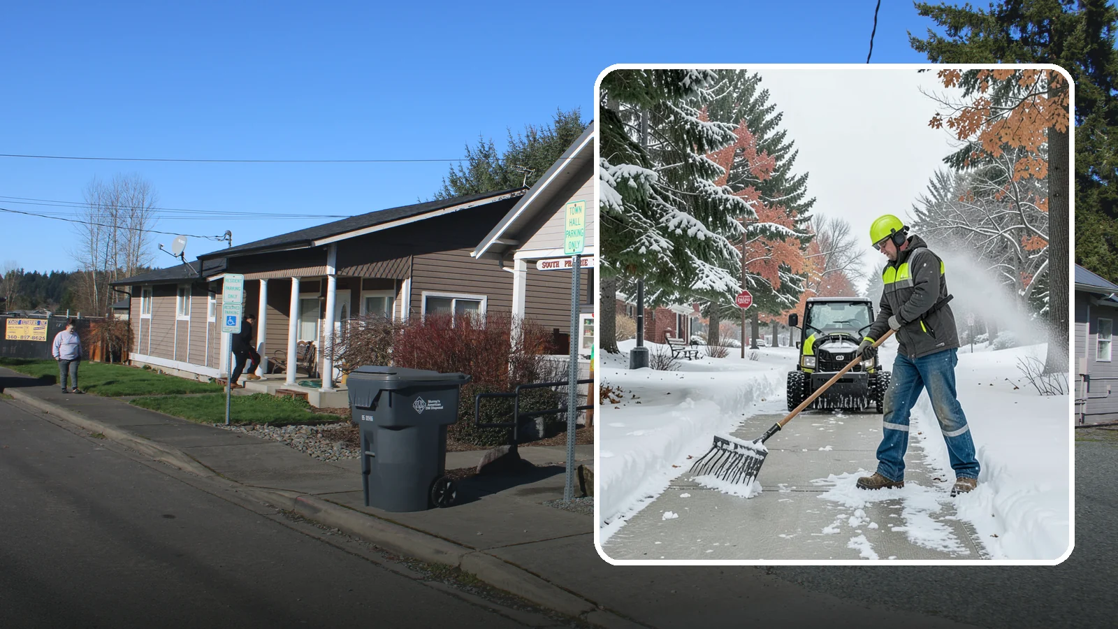 Sidewalk Shoveling in South Prairie, Pierce County, WA - We hand-shovel sidewalks clean and clear so pedestrians have safe, full-width passage.
