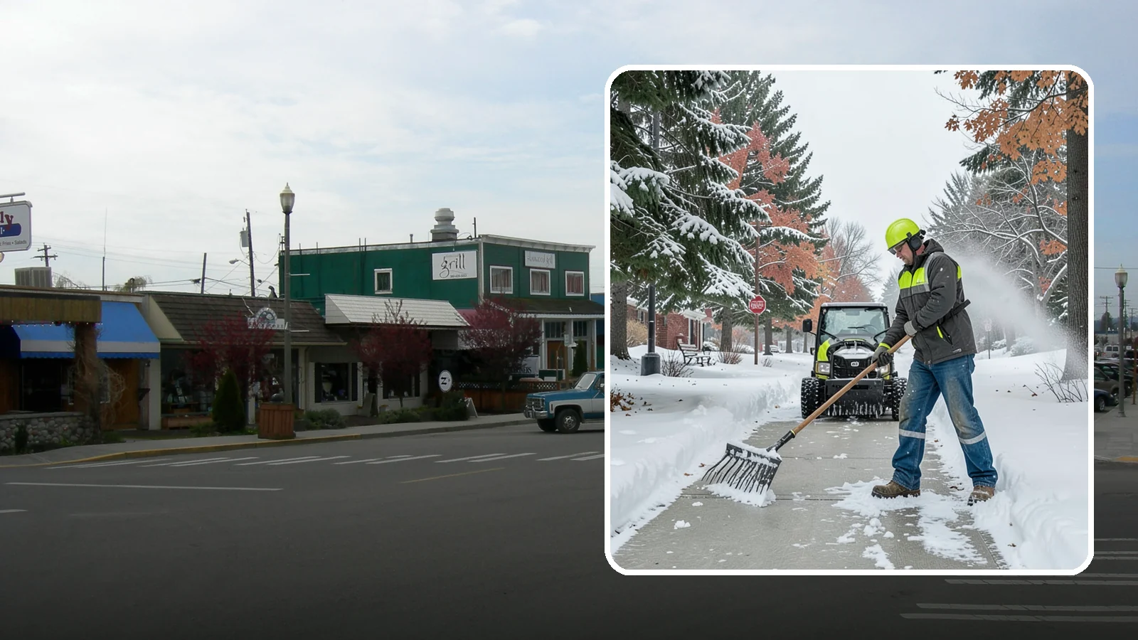 Sidewalk Shoveling in Stanwood, Snohomish County, WA - We hand-shovel sidewalks clean and clear so pedestrians have safe, full-width passage.