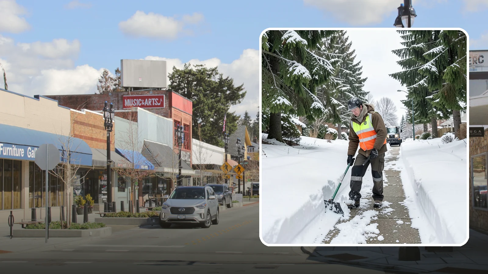 Sidewalk Snow Removal in Bothell, King County, WA - We clear the public sidewalk fronting your home so pedestrians pass safely and you stay within city ordinance.