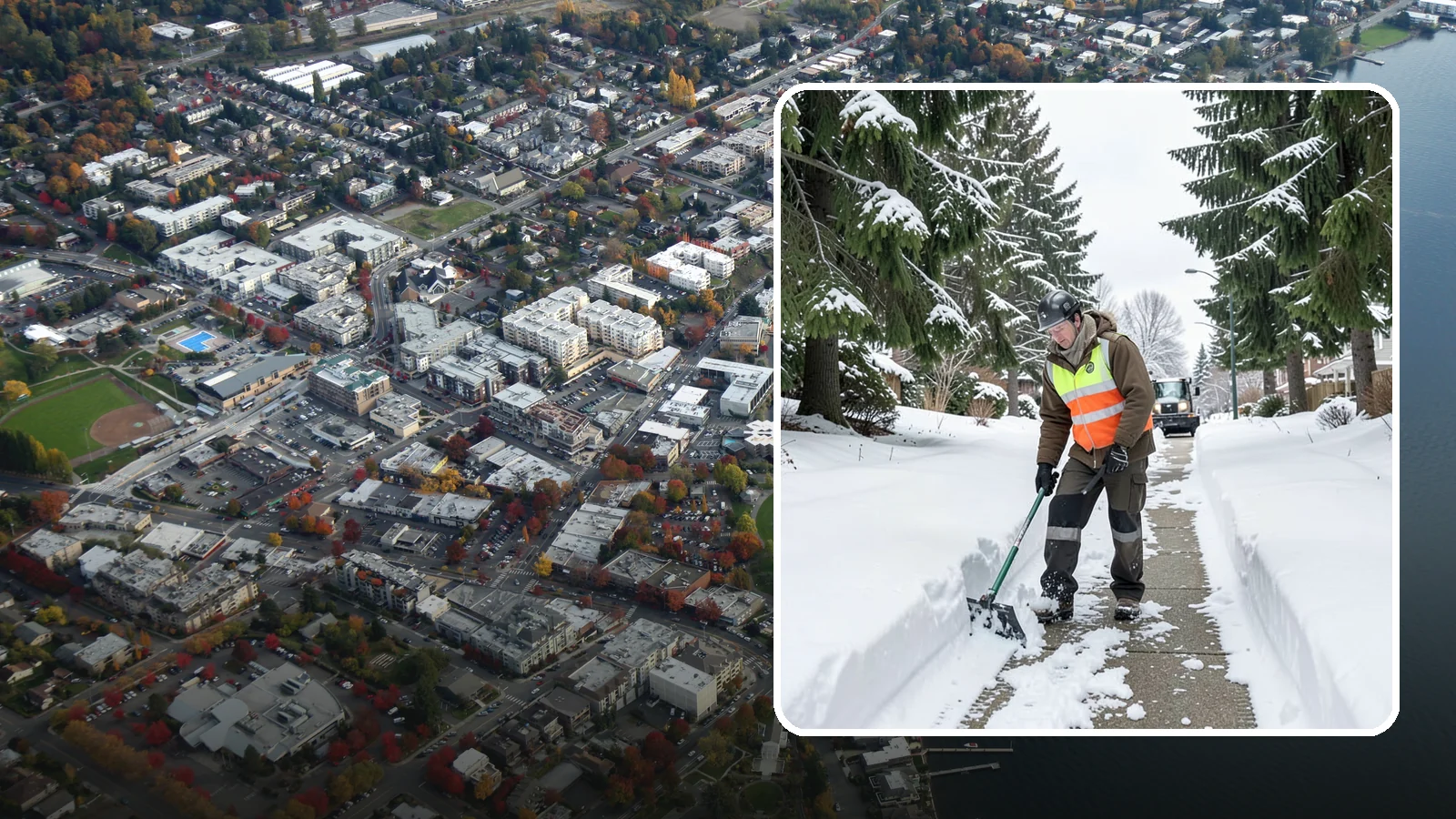 Sidewalk Snow Removal in Kirkland, King County, WA - We clear the public sidewalk fronting your home so pedestrians pass safely and you stay within city ordinance.