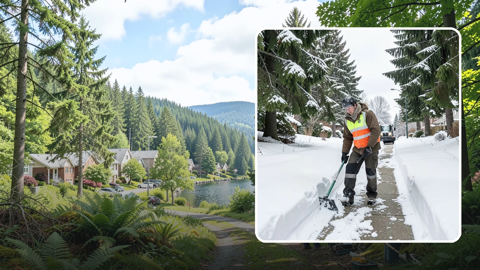 Sidewalk Snow Removal in Lake Forest Park, King County, WA - We clear the public sidewalk fronting your home so pedestrians pass safely and you stay within city ordinance.