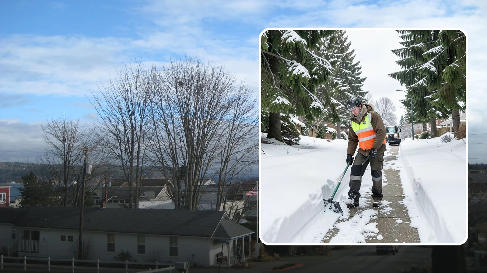 Sidewalk Snow Removal in Langley, Island County, WA - We clear the public sidewalk fronting your home so pedestrians pass safely and you stay within city ordinance.