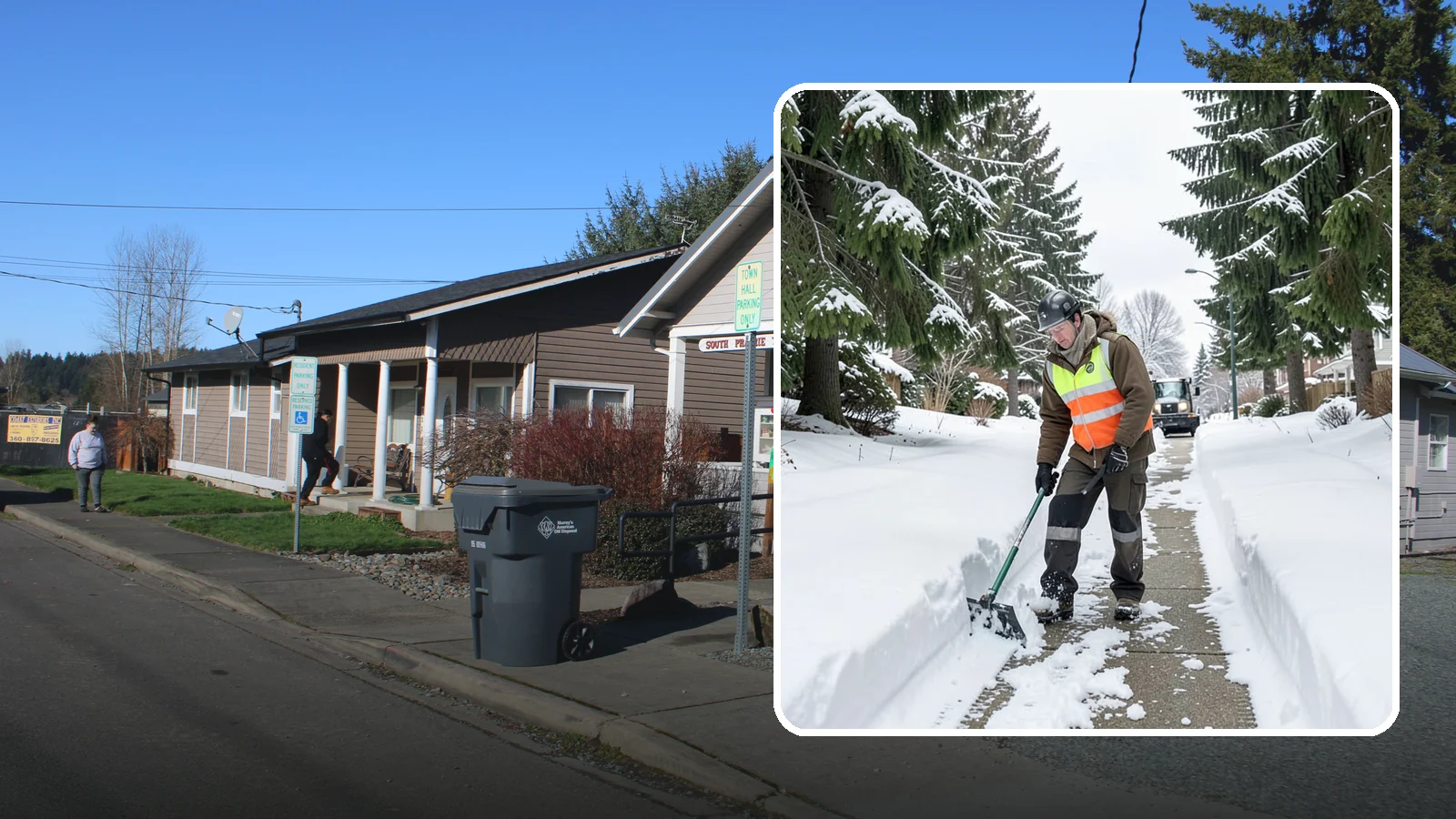 Sidewalk Snow Removal in South Prairie, Pierce County, WA - We clear the public sidewalk fronting your home so pedestrians pass safely and you stay within city ordinance.