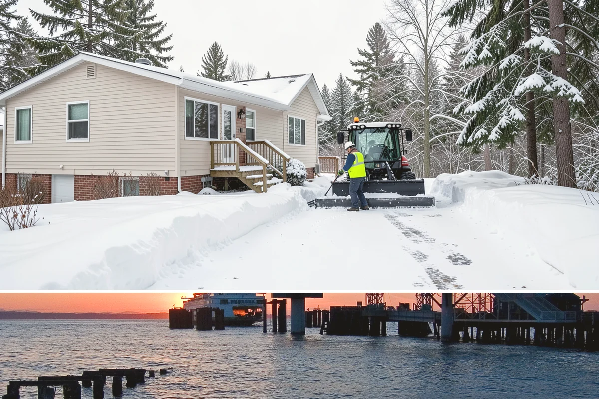 Sidewalk Tractor Service in Edmonds, Snohomish County, WA - Sidewalk tractor service runs throughout the snow and ice season from late November through February on pedestrian-heavy sites.