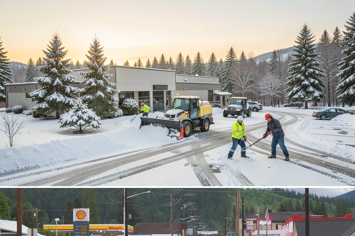 Sidewalk Tractor Service in Granite Falls, Snohomish County, WA - Sidewalk tractor service runs throughout the snow and ice season from late November through February on pedestrian-heavy sites.