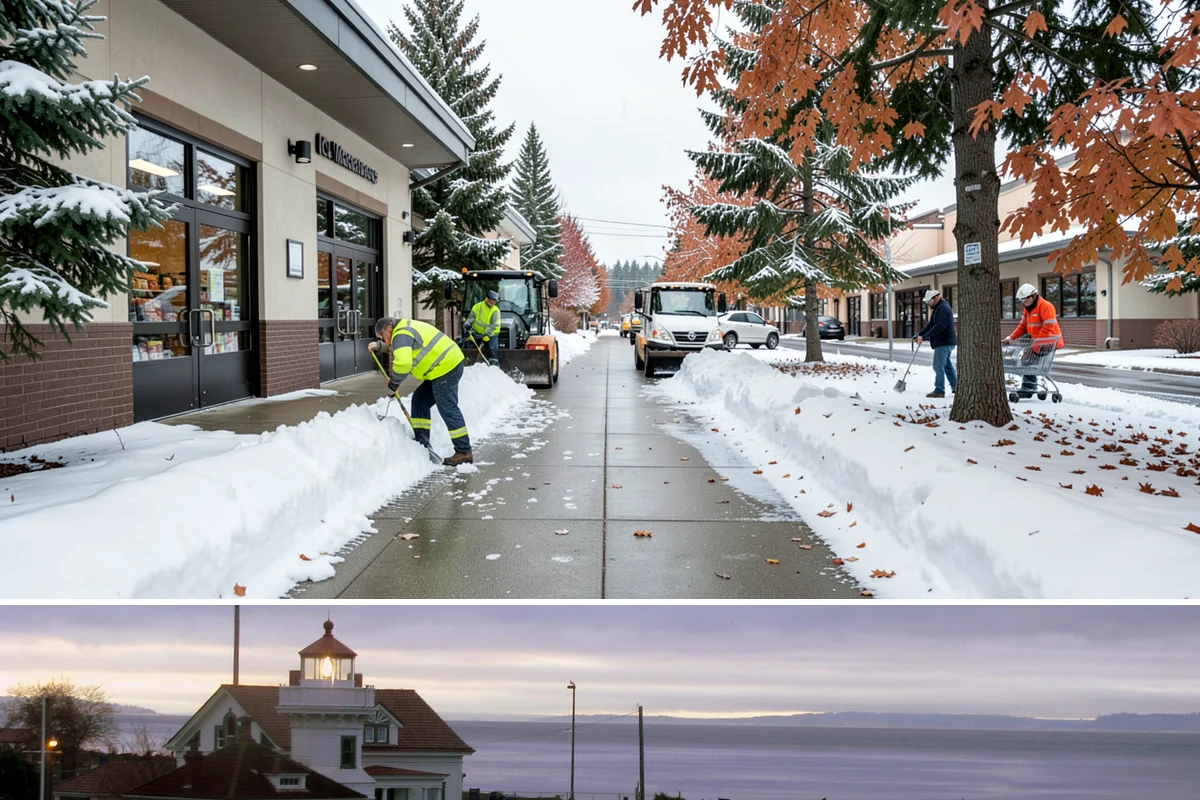 Sidewalk Tractor Service in Mukilteo, Snohomish County, WA - Sidewalk tractor service runs throughout the snow and ice season from late November through February on pedestrian-heavy sites.