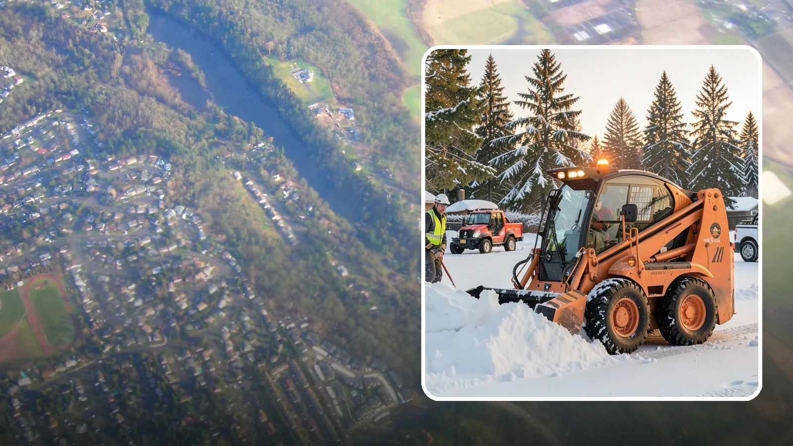 Skid Steer Snow Removal in Algona, King County, WA - Our skid steers with pushers and buckets clear and stack snow efficiently on commercial lots and larger sites.