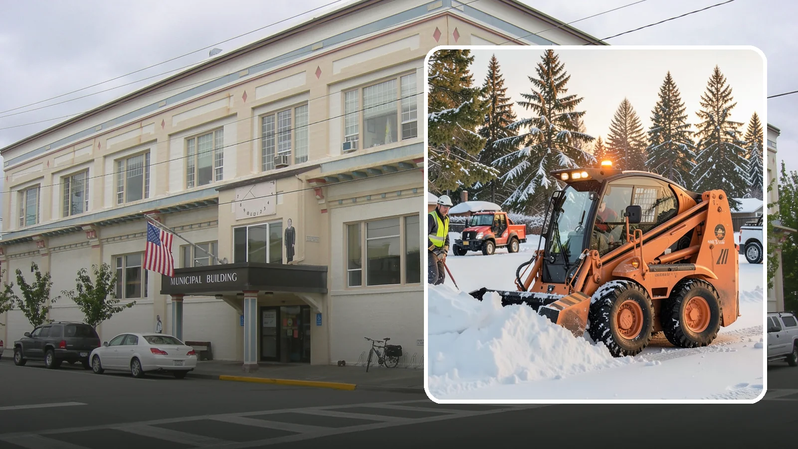 Skid Steer Snow Removal in Anacortes, Skagit County, WA - Our skid steers with pushers and buckets clear and stack snow efficiently on commercial lots and larger sites.