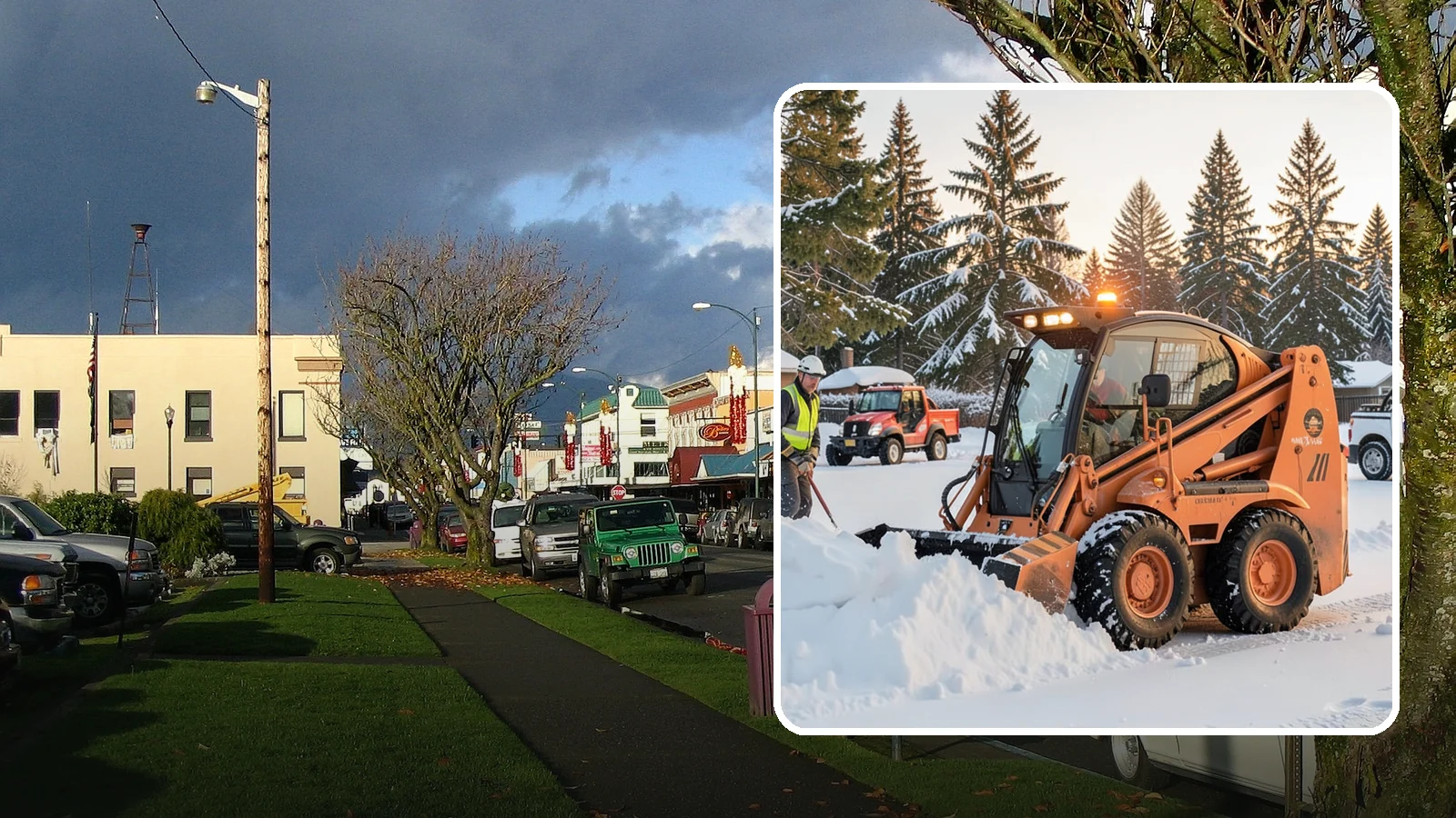 Skid Steer Snow Removal in Arlington, Snohomish County, WA - Our skid steers with pushers and buckets clear and stack snow efficiently on commercial lots and larger sites.