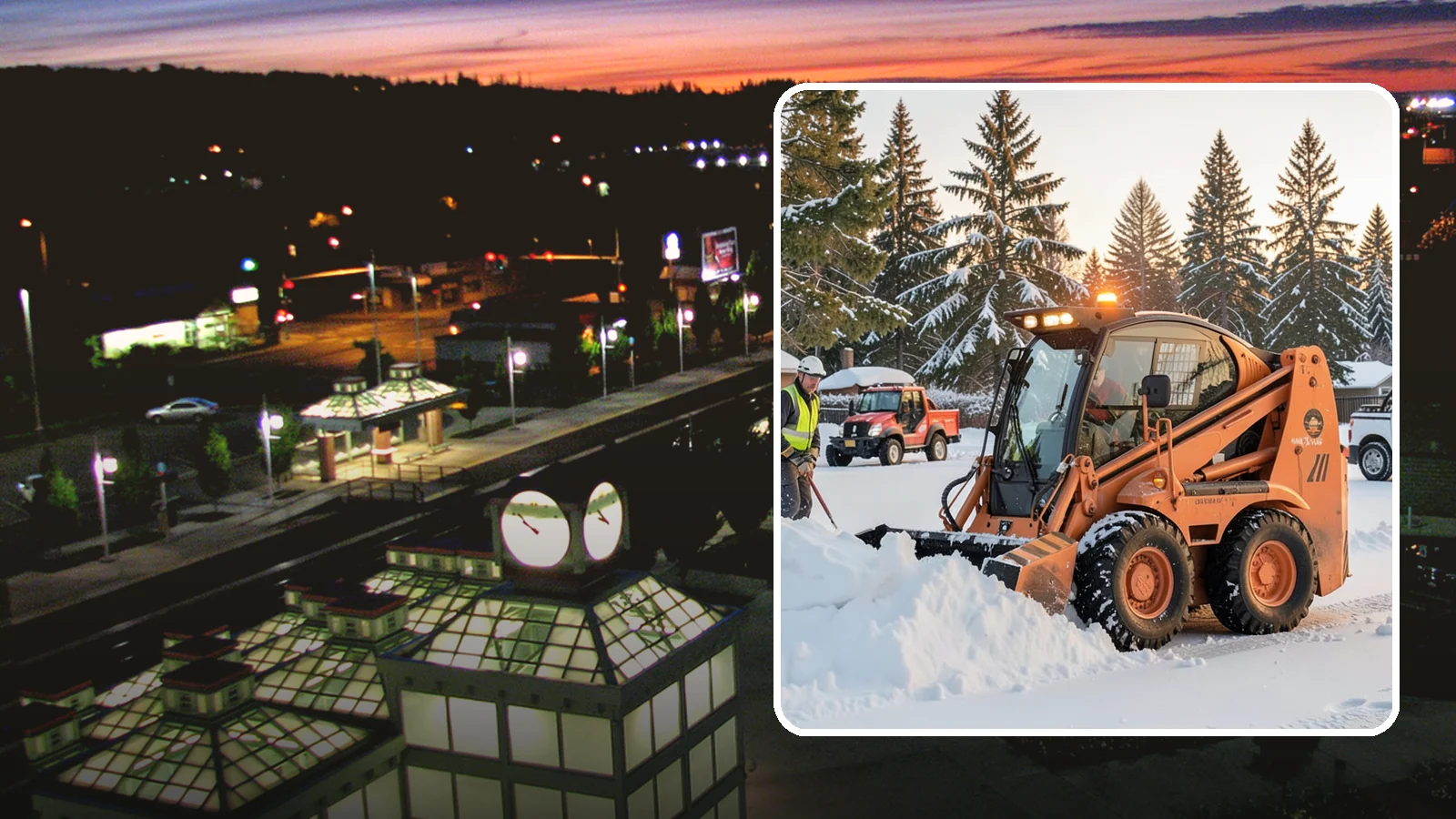 Skid Steer Snow Removal in Auburn, King County, WA - Our skid steers with pushers and buckets clear and stack snow efficiently on commercial lots and larger sites.