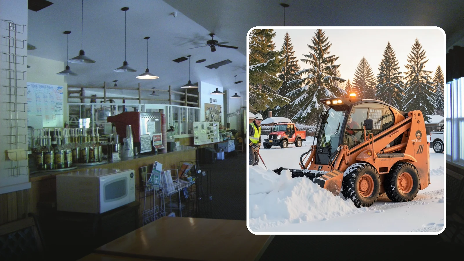 Skid Steer Snow Removal in Black Diamond, King County, WA - Our skid steers with pushers and buckets clear and stack snow efficiently on commercial lots and larger sites.