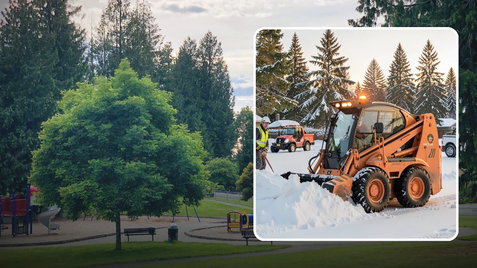 Skid Steer Snow Removal in Bonney Lake, Pierce County, WA - Our skid steers with pushers and buckets clear and stack snow efficiently on commercial lots and larger sites.