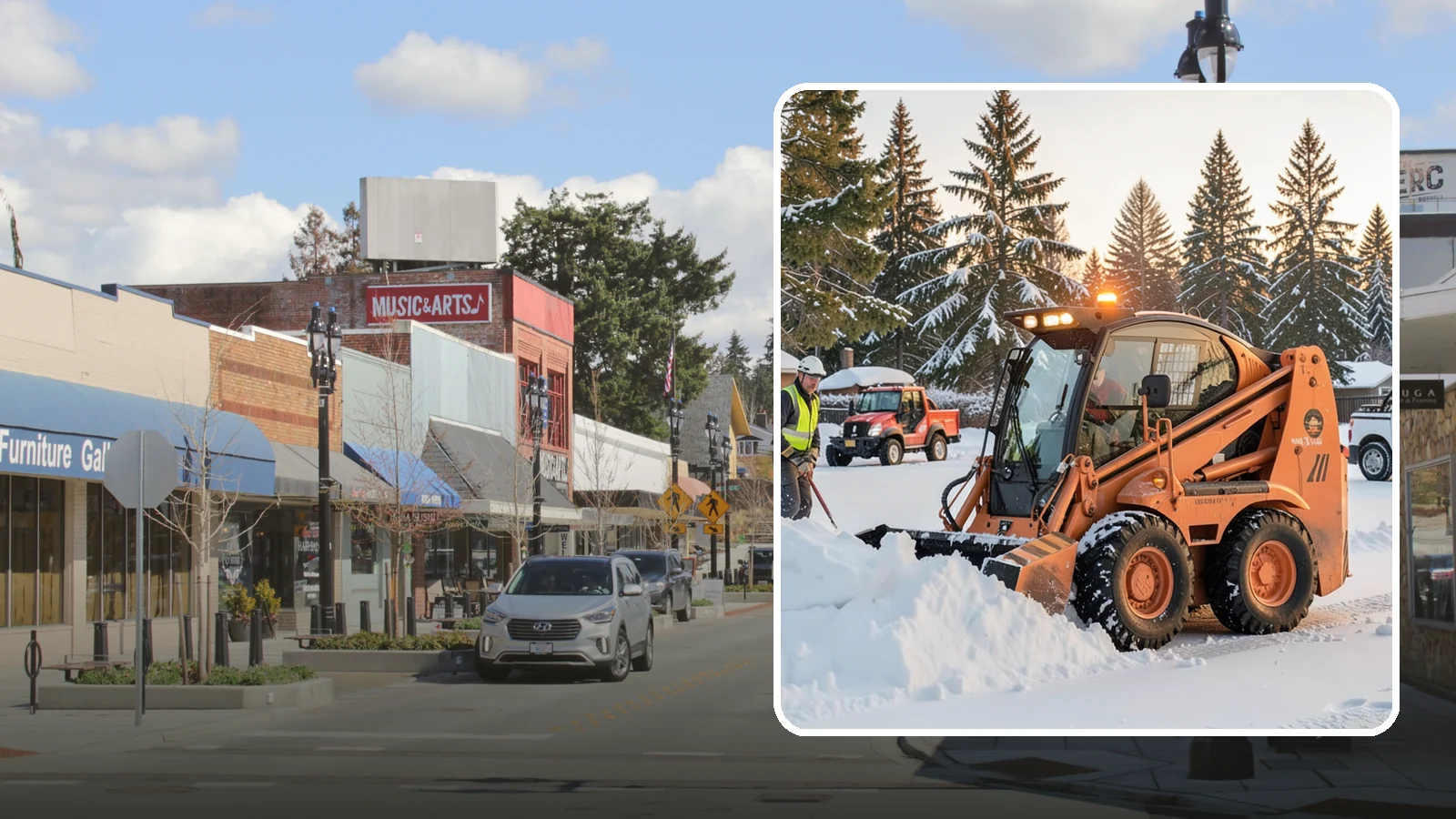 Skid Steer Snow Removal in Bothell, King County, WA - Our skid steers with pushers and buckets clear and stack snow efficiently on commercial lots and larger sites.