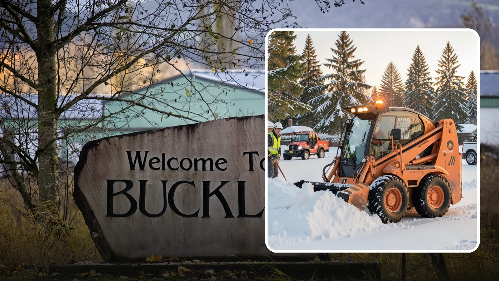 Skid Steer Snow Removal in Buckley, Pierce County, WA - Our skid steers with pushers and buckets clear and stack snow efficiently on commercial lots and larger sites.