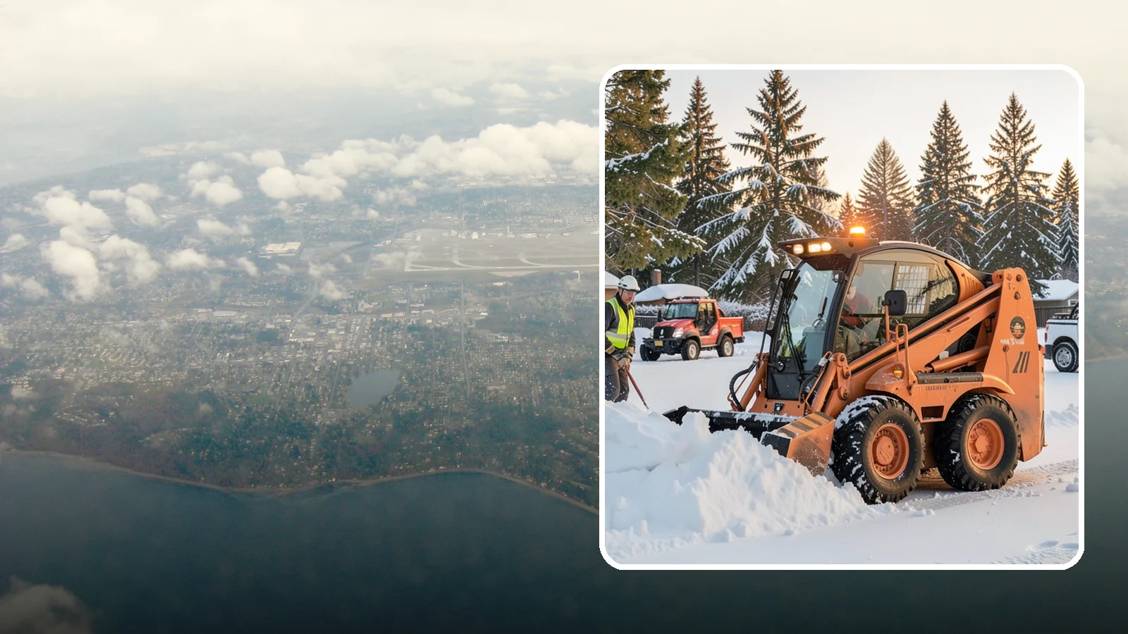 Skid Steer Snow Removal in Burien, King County, WA - Our skid steers with pushers and buckets clear and stack snow efficiently on commercial lots and larger sites.