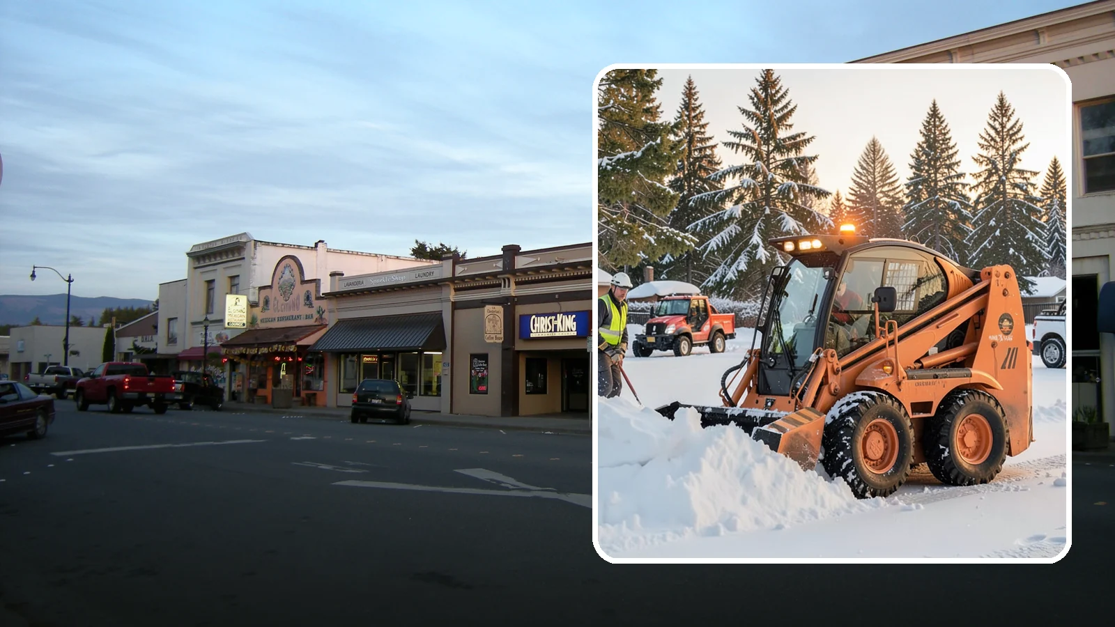 Skid Steer Snow Removal in Burlington, Skagit County, WA - Our skid steers with pushers and buckets clear and stack snow efficiently on commercial lots and larger sites.