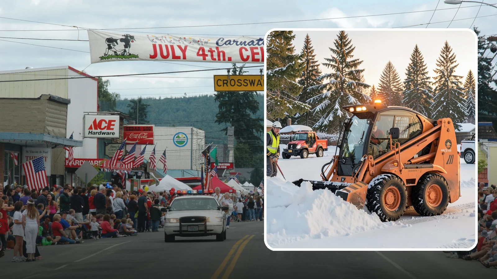 Skid Steer Snow Removal in Carnation, King County, WA - Our skid steers with pushers and buckets clear and stack snow efficiently on commercial lots and larger sites.