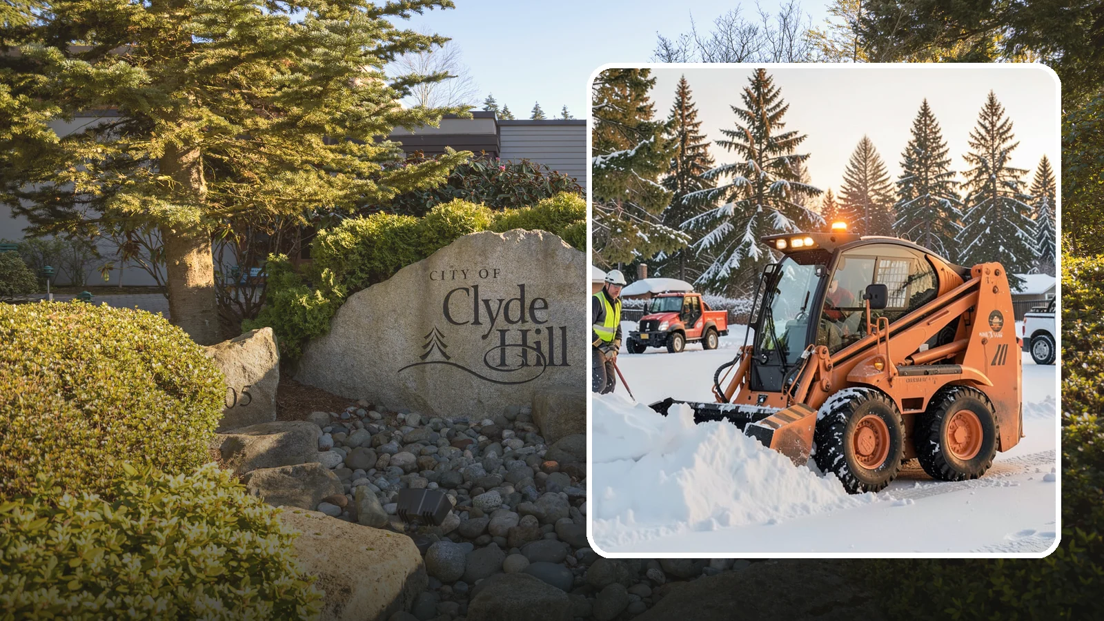 Skid Steer Snow Removal in Clyde Hill, King County, WA - Our skid steers with pushers and buckets clear and stack snow efficiently on commercial lots and larger sites.