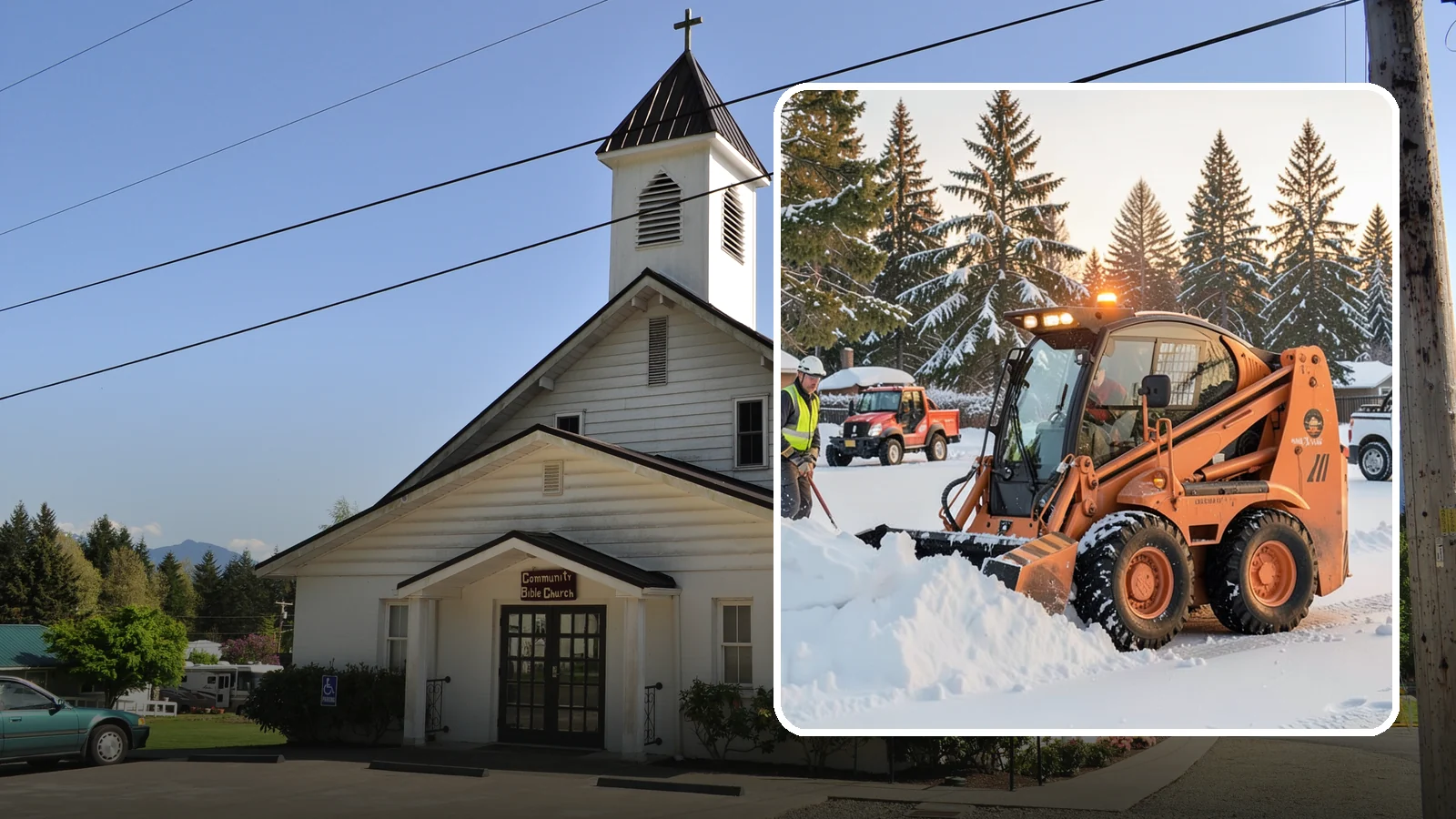 Skid Steer Snow Removal in Concrete, Skagit County, WA - Our skid steers with pushers and buckets clear and stack snow efficiently on commercial lots and larger sites.