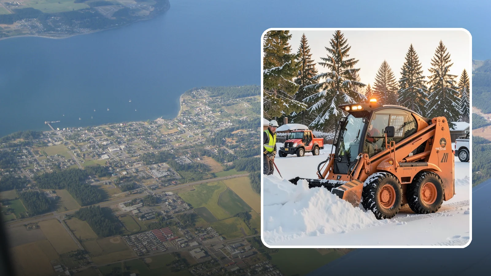Skid Steer Snow Removal in Coupeville, Island County, WA - Our skid steers with pushers and buckets clear and stack snow efficiently on commercial lots and larger sites.