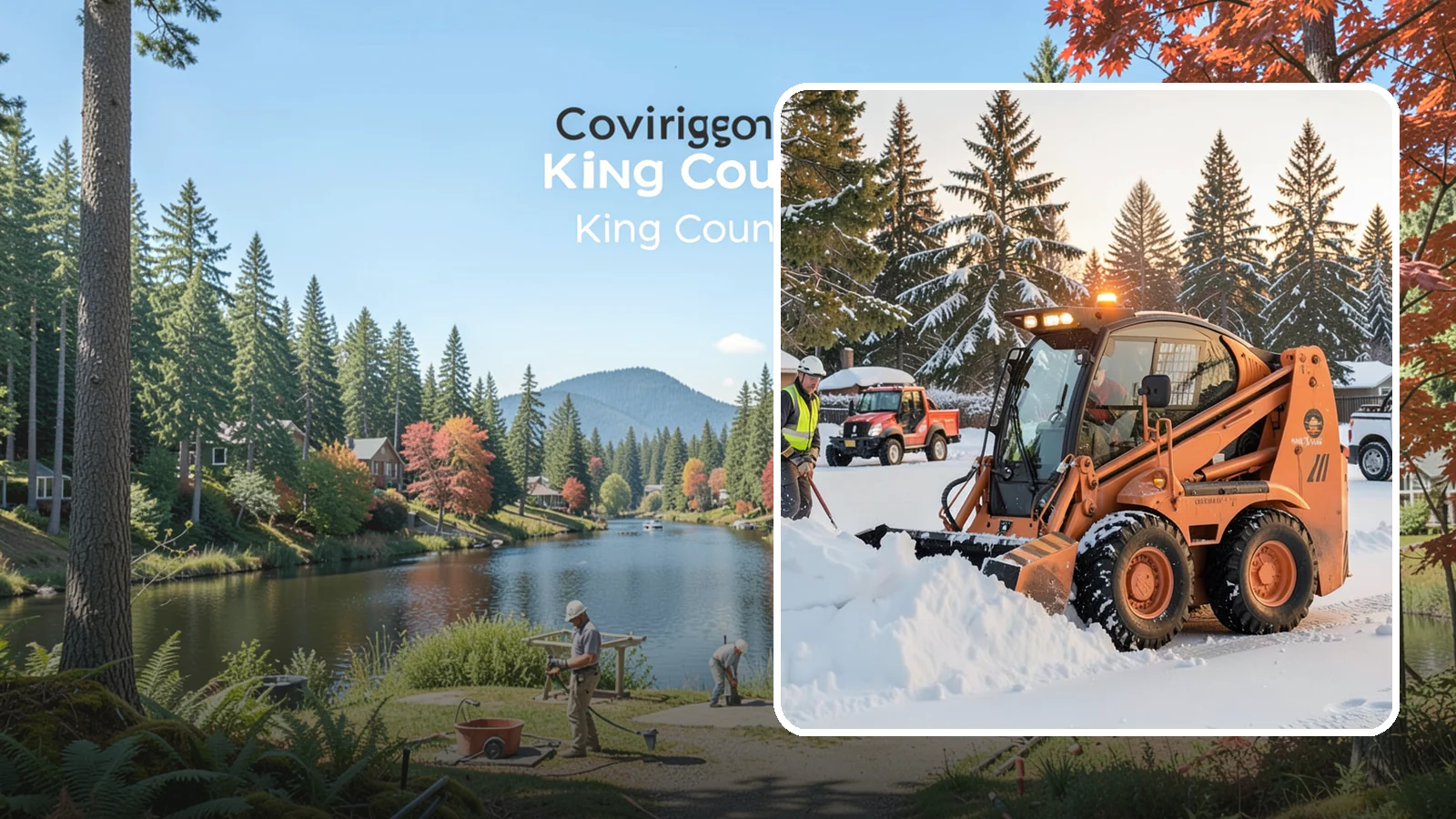 Skid Steer Snow Removal in Covington, King County, WA - Our skid steers with pushers and buckets clear and stack snow efficiently on commercial lots and larger sites.