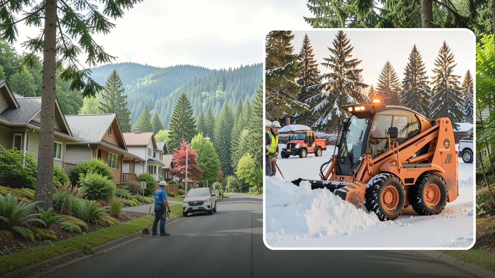Skid Steer Snow Removal in Darrington, Snohomish County, WA - Our skid steers with pushers and buckets clear and stack snow efficiently on commercial lots and larger sites.