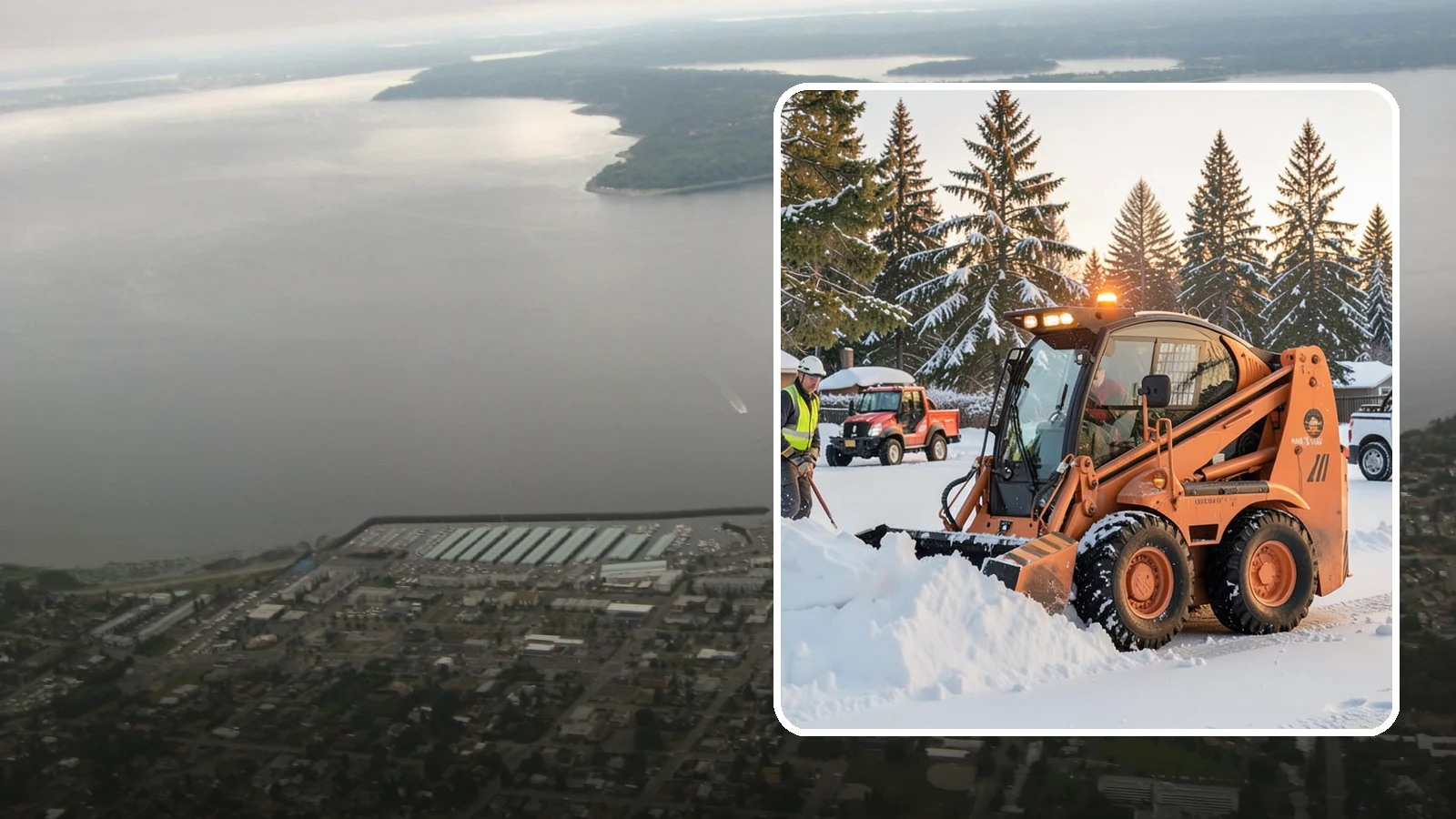 Skid Steer Snow Removal in Des Moines, King County, WA - Our skid steers with pushers and buckets clear and stack snow efficiently on commercial lots and larger sites.