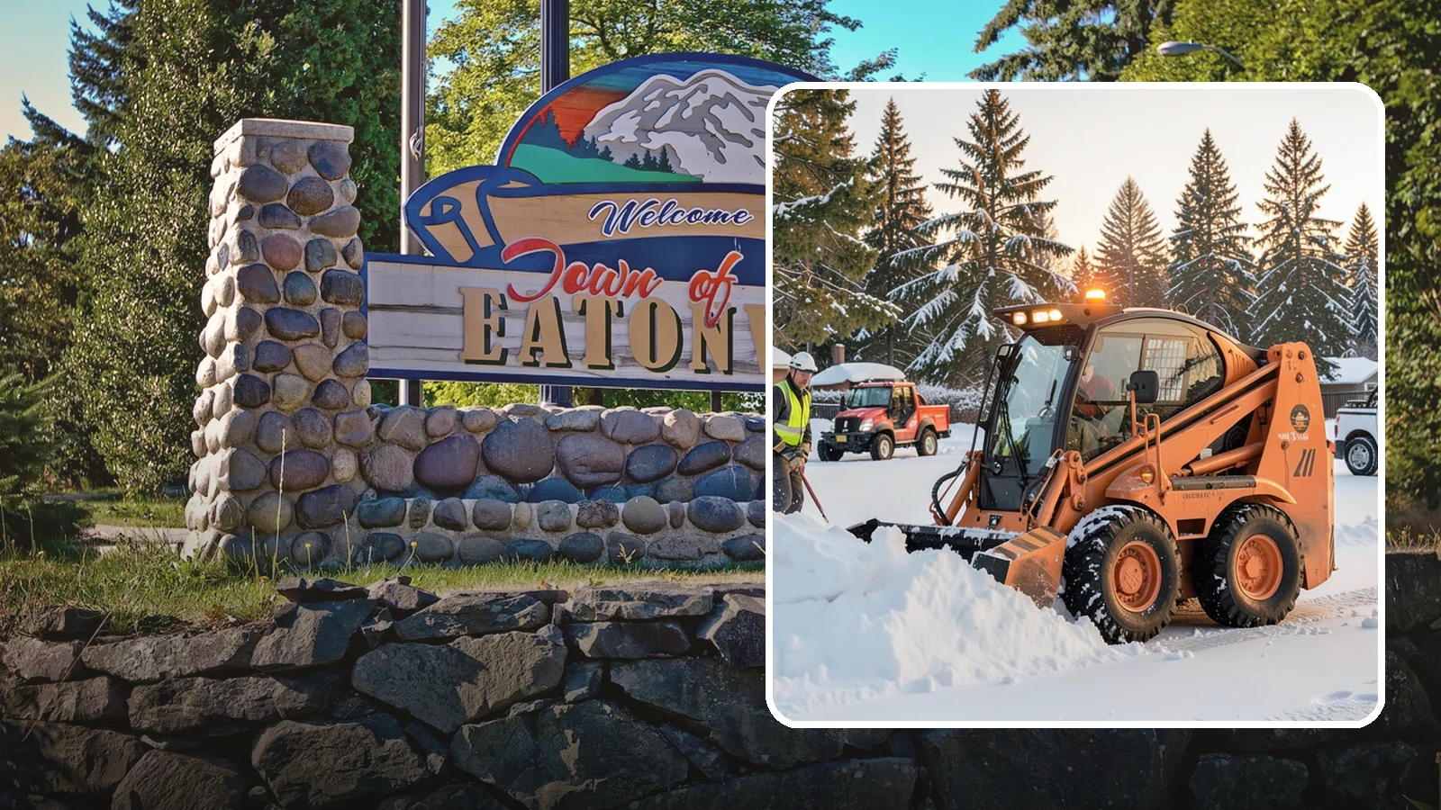 Skid Steer Snow Removal in Eatonville, Pierce County, WA - Our skid steers with pushers and buckets clear and stack snow efficiently on commercial lots and larger sites.
