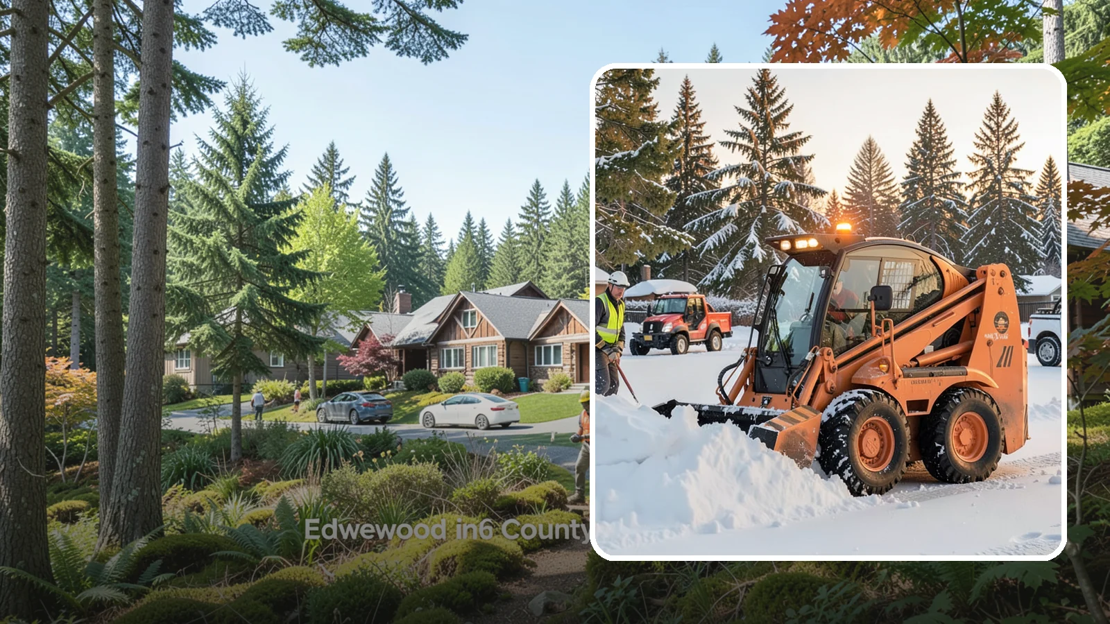 Skid Steer Snow Removal in Edgewood, Pierce County, WA - Our skid steers with pushers and buckets clear and stack snow efficiently on commercial lots and larger sites.