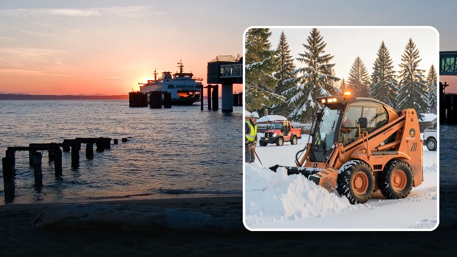 Skid Steer Snow Removal in Edmonds, Snohomish County, WA - Our skid steers with pushers and buckets clear and stack snow efficiently on commercial lots and larger sites.
