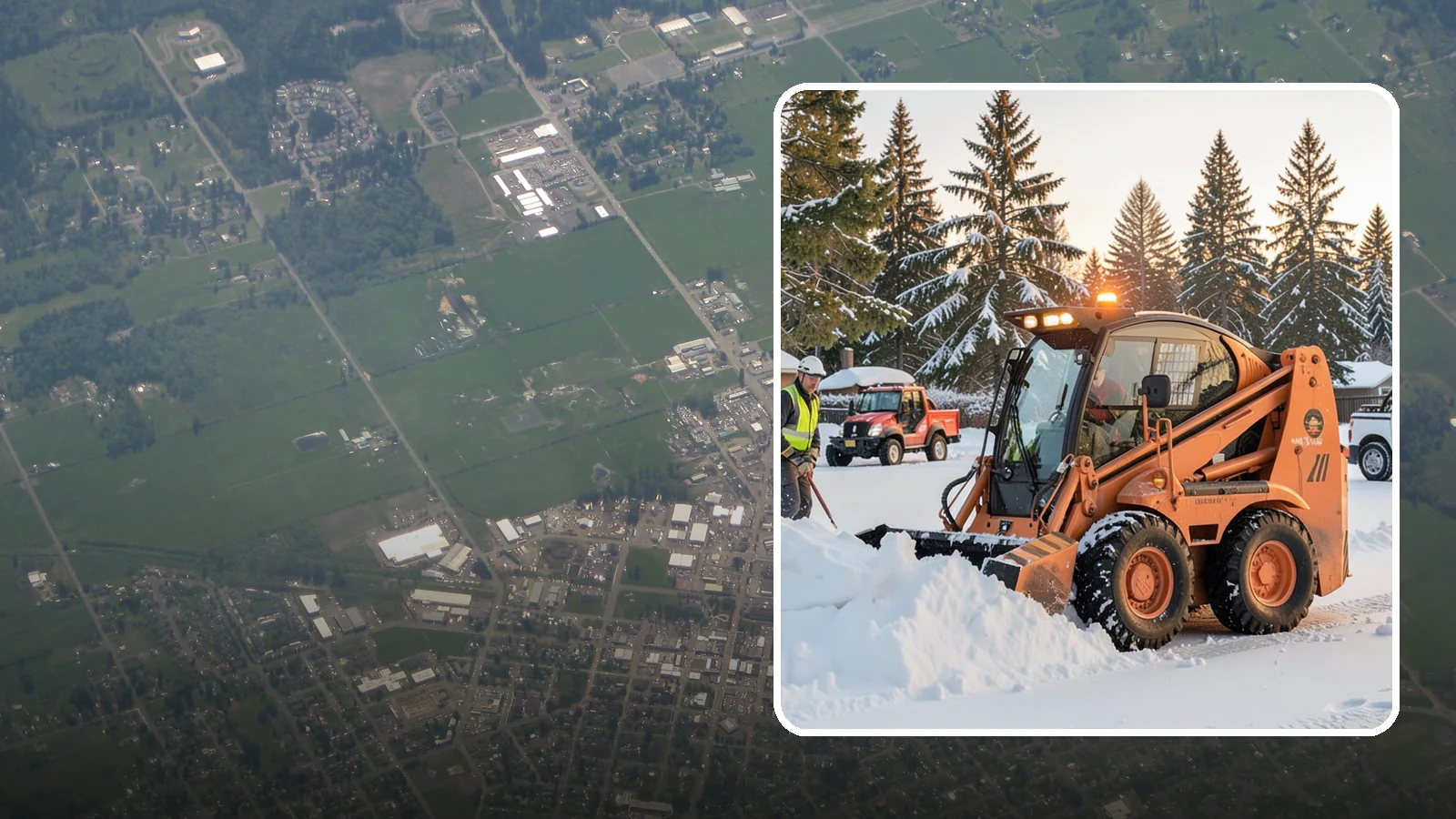 Skid Steer Snow Removal in Enumclaw, King County, WA - Our skid steers with pushers and buckets clear and stack snow efficiently on commercial lots and larger sites.