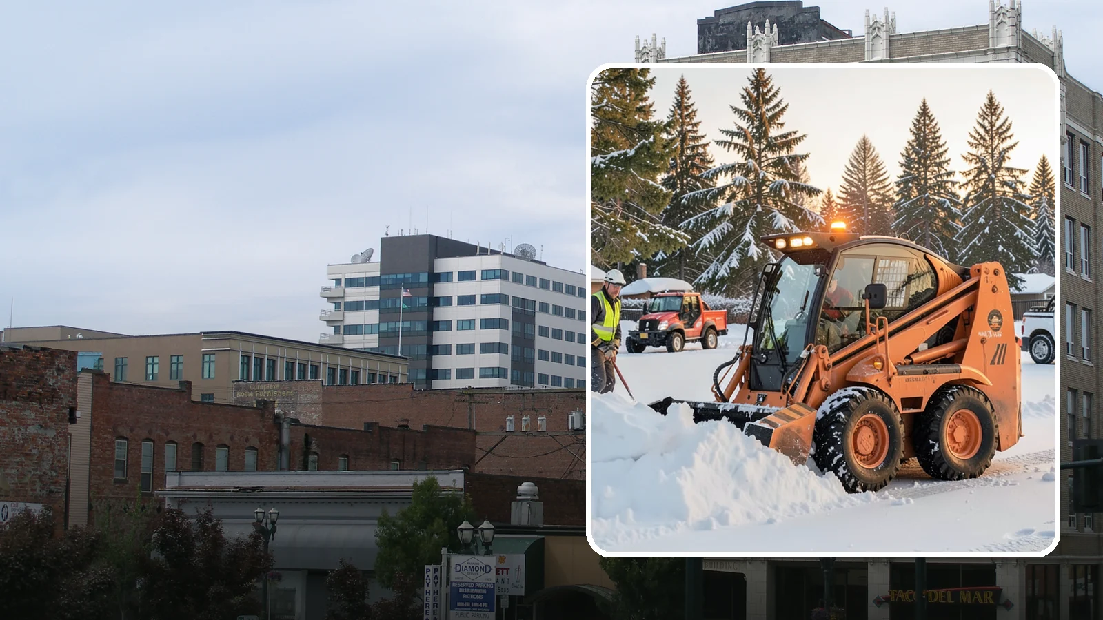 Skid Steer Snow Removal in Everett, Snohomish County, WA - Our skid steers with pushers and buckets clear and stack snow efficiently on commercial lots and larger sites.