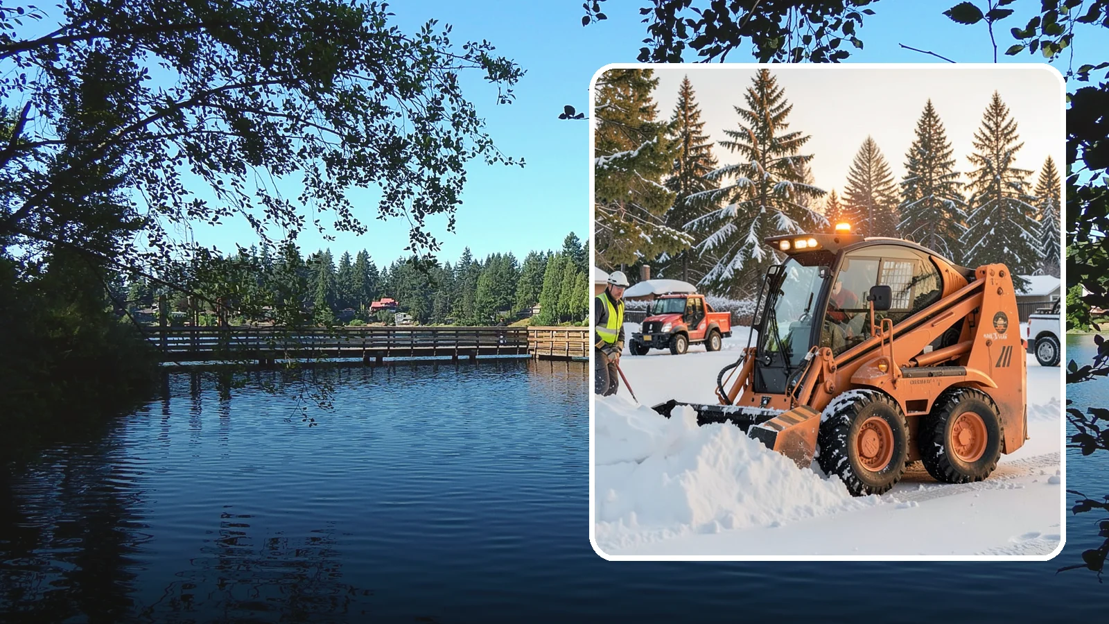 Skid Steer Snow Removal in Federal Way, King County, WA - Our skid steers with pushers and buckets clear and stack snow efficiently on commercial lots and larger sites.